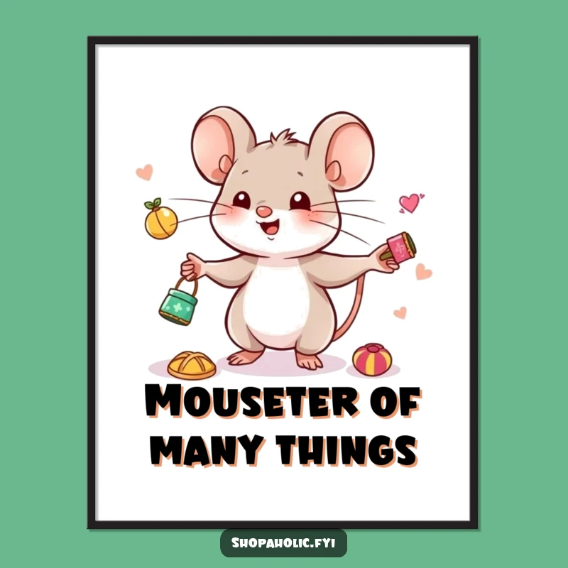 Funny Free Printable Wall Art: Mouse Juggling Trinkets, Whimsical Downloadable Decor