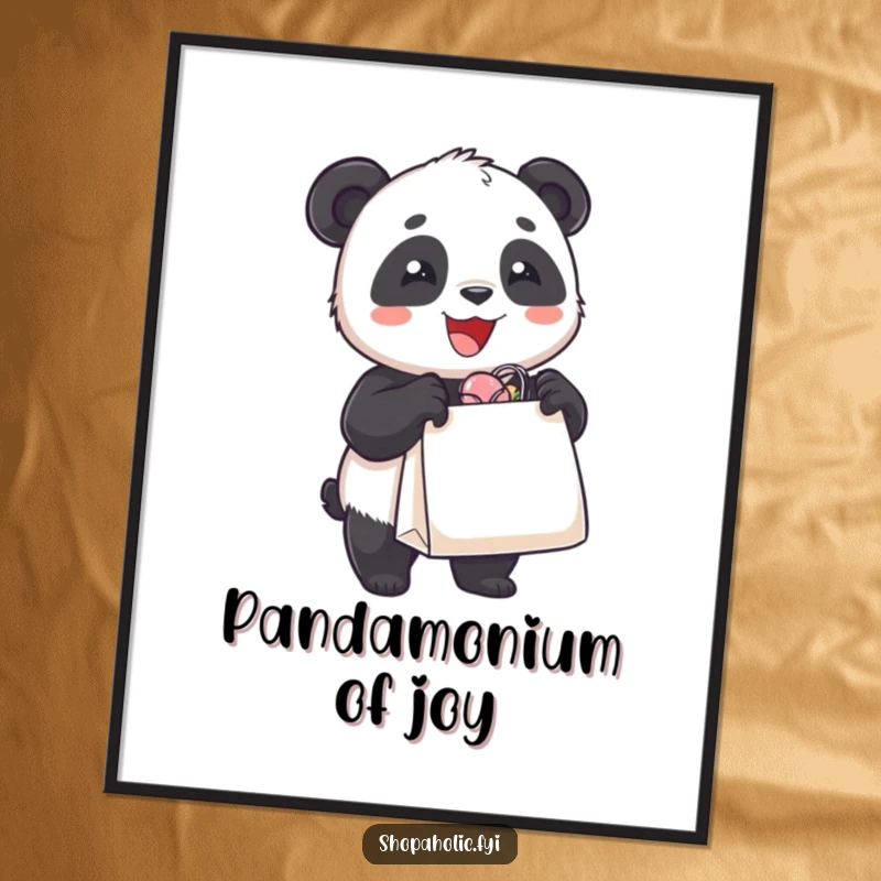 Funny Free Printable Wall Art: A delighted panda bear joyfully clutches an extremely overflowing shopping bag, radiating shopper's bliss.