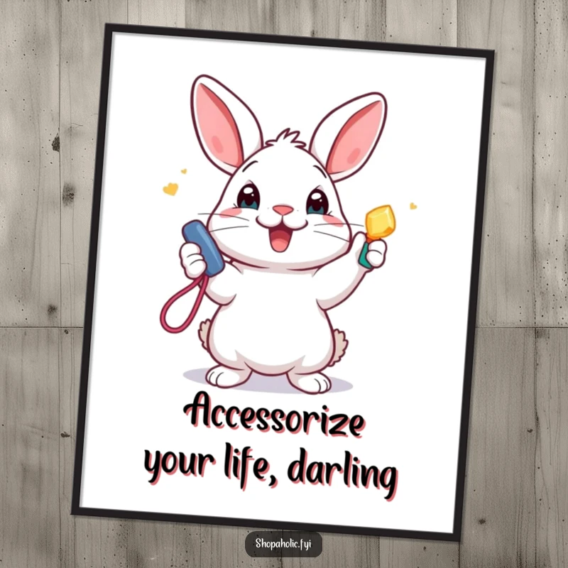 Funny Free Printable Wall Art: A cheerful rabbit proudly displaying a brand new, glittering accessory.