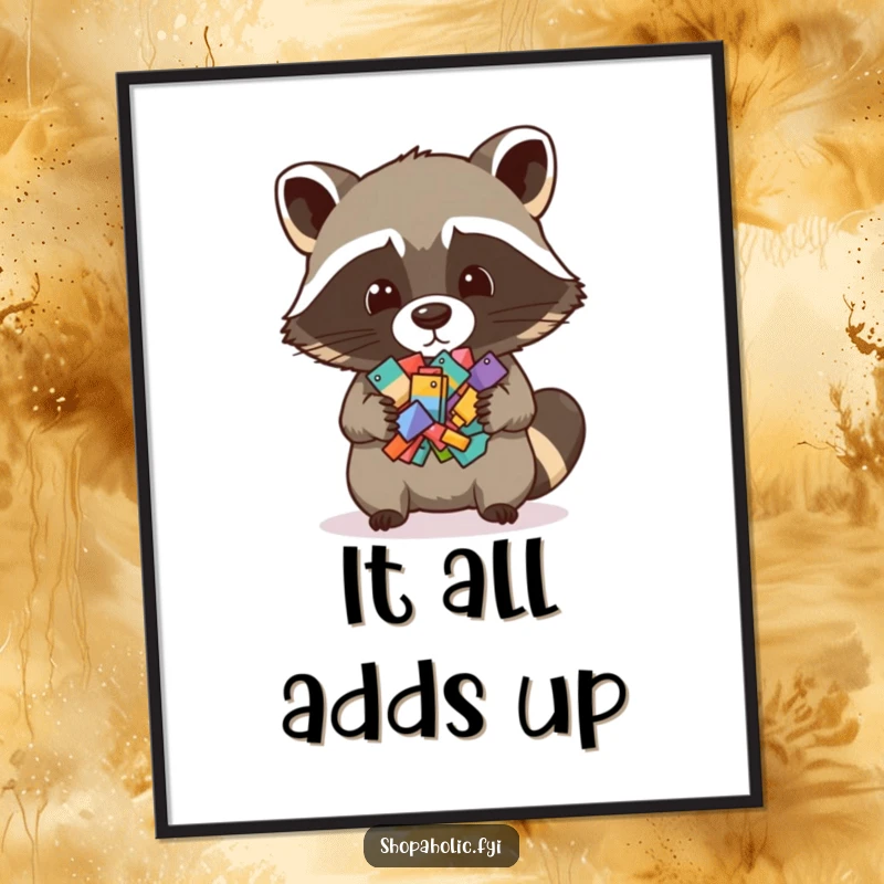 Funny Free Printable Wall Art: Mischievous raccoon proudly displaying a pile of various tiny items, a humorous downloadable poster.