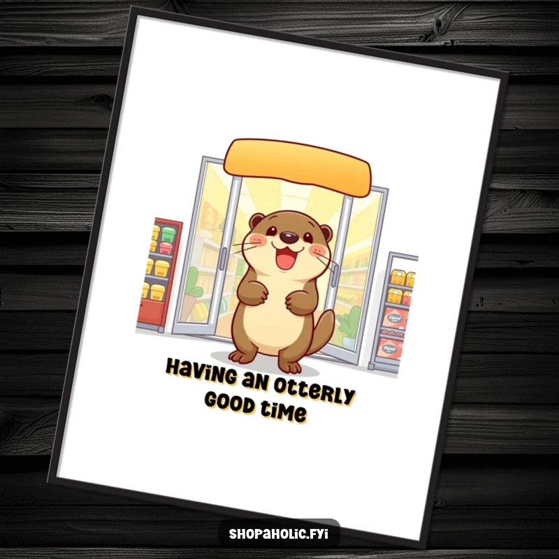 Funny Free Printable Wall Art: A delighted otter exiting a store with arms full of shopping treasures.