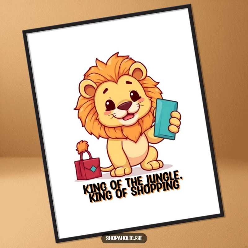 Funny Free Printable Wall Art: A majestic lion proudly admires a shopping bag filled with his latest luxurious purchase.
