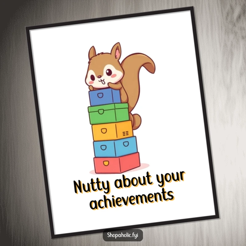 Funny Free Printable Wall Art: A determined squirrel expertly balances a towering stack of colorful boxes, adding whimsy.