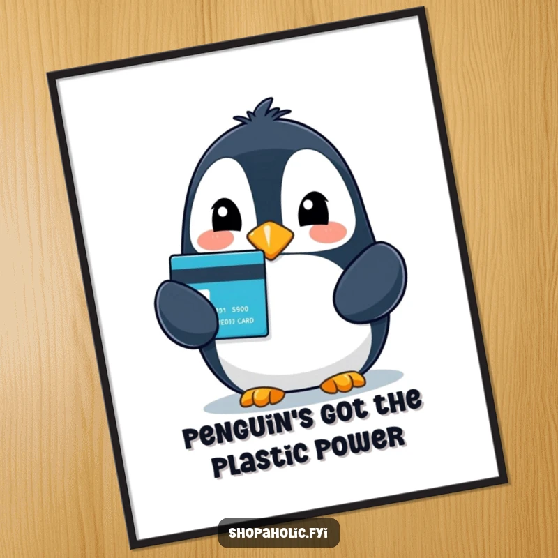 Funny Free Printable Wall Art: A beaming penguin ecstatically holds a credit card, radiating pure joy and delight.