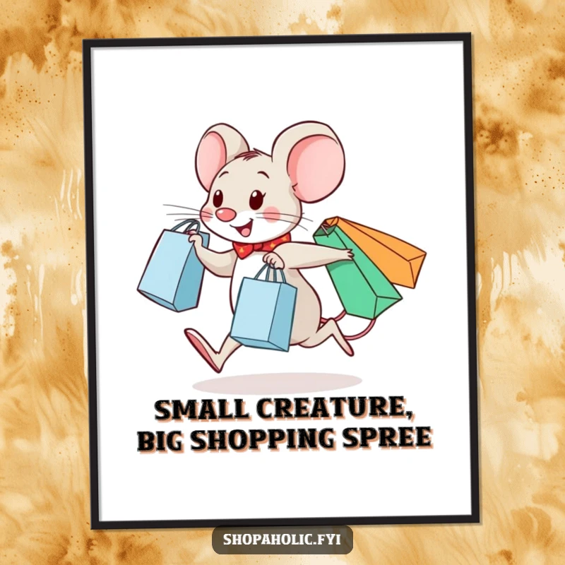 Funny Free Printable Wall Art: A cheerful mouse skips gleefully, holding three shopping bags, a delightful decor piece.