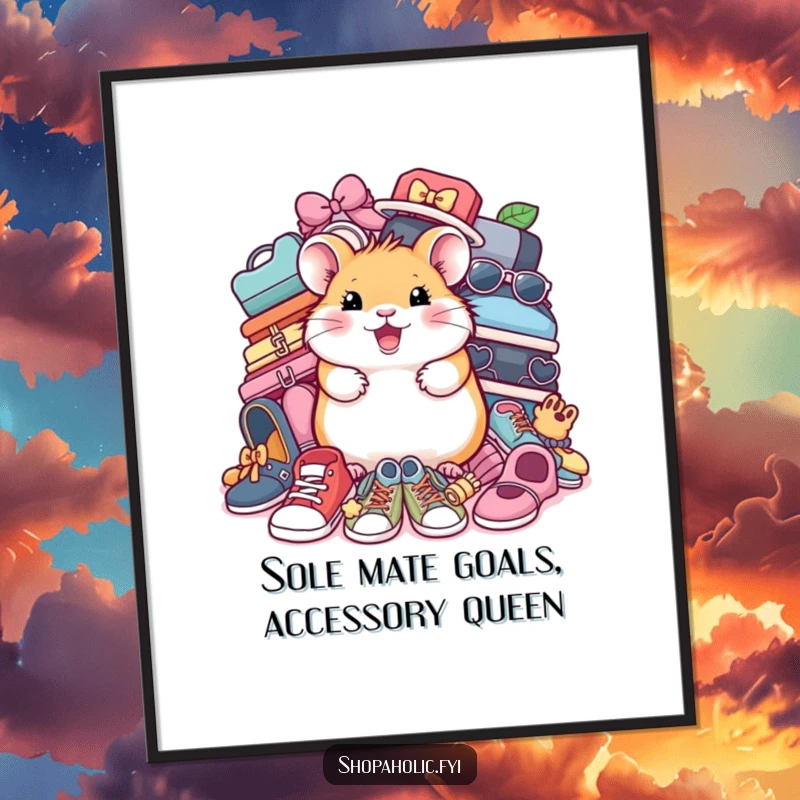 Funny Free Printable Wall Art: Cheerful hamster surrounded by a mountain of shoes and accessories, quirky decor.