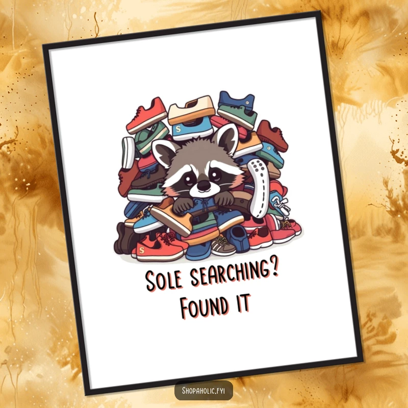 Funny free printable wall art of a curious raccoon peeking from behind an enormous collection of shoes, adding humor.