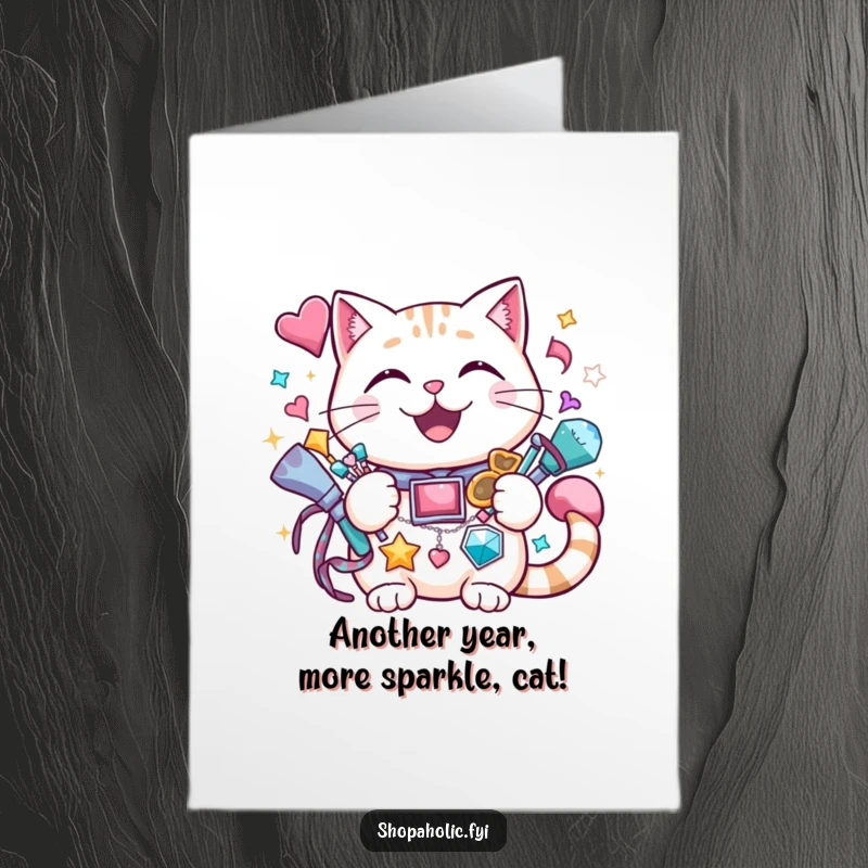 Funny Free Printable Birthday Card: A cheerful cat grinning with a huge pile of sparkly accessories, celebrating in style.