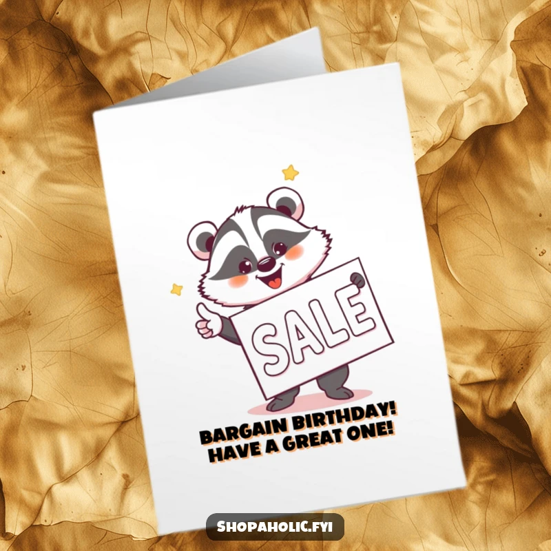 Funny Free Printable Birthday Card: A jovial badger joyfully points at a huge sale banner, signaling great deals.