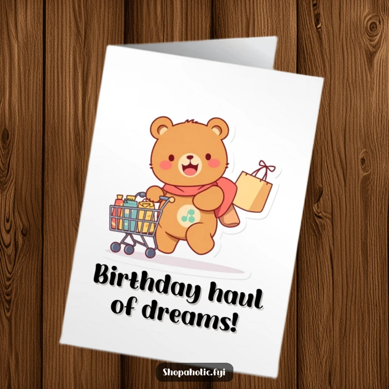 Funny Free Printable Birthday Card: A bear gleefully pulling a cart overflowing with shopping bags.