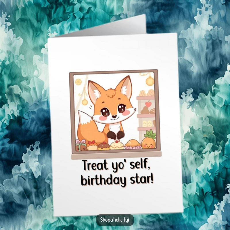 Funny Free Printable Birthday Card: A fox with huge eyes staring longingly at a window filled with delicious treats.