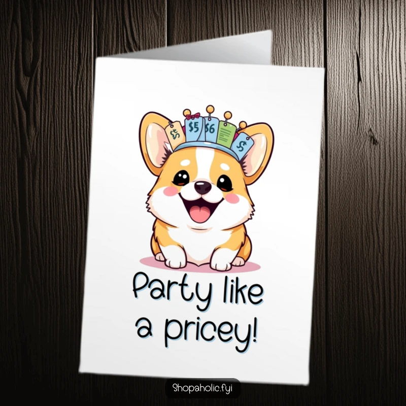 Funny free printable birthday card showing a joyful corgi wearing a crown made of price tags, celebrating happily.