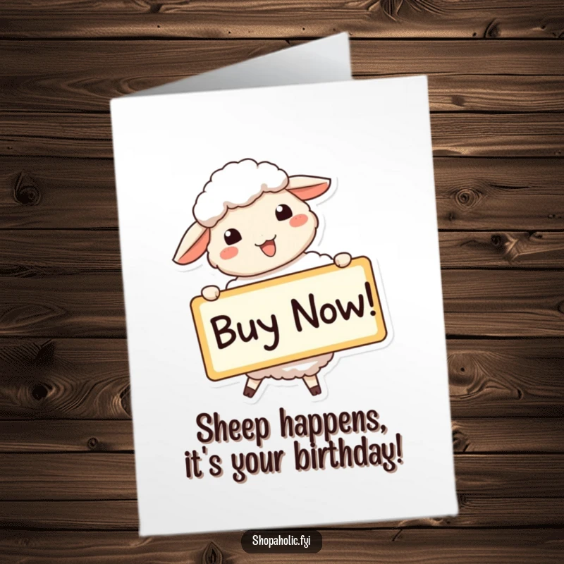 Funny Free Printable Birthday Card: A beaming sheep enthusiastically holds a large Buy Now sign, ready to celebrate.