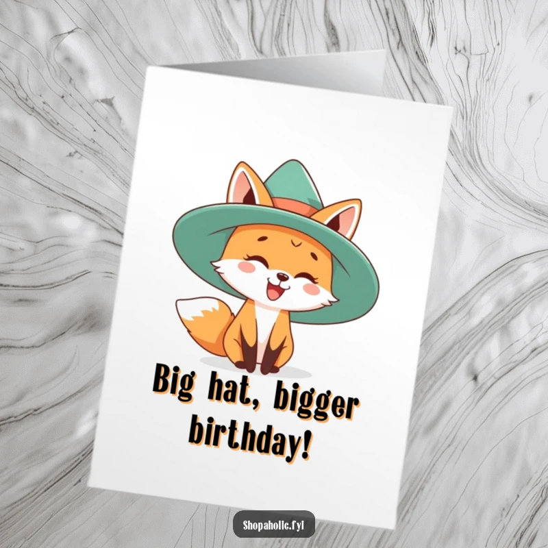 Funny Free Printable Birthday Card: A happy fox gleefully tries on a comically oversized hat for a birthday bash.