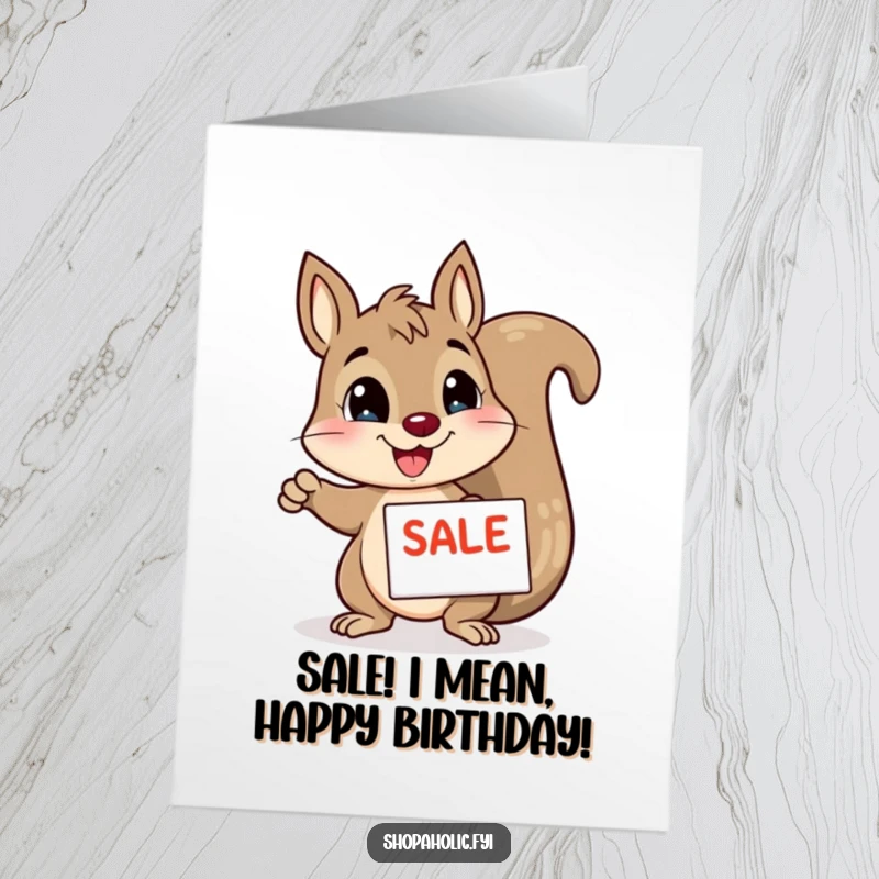 Funny Free Printable Birthday Card: Squirrel excitedly pointing at a sale sign, ready to shop and celebrate.