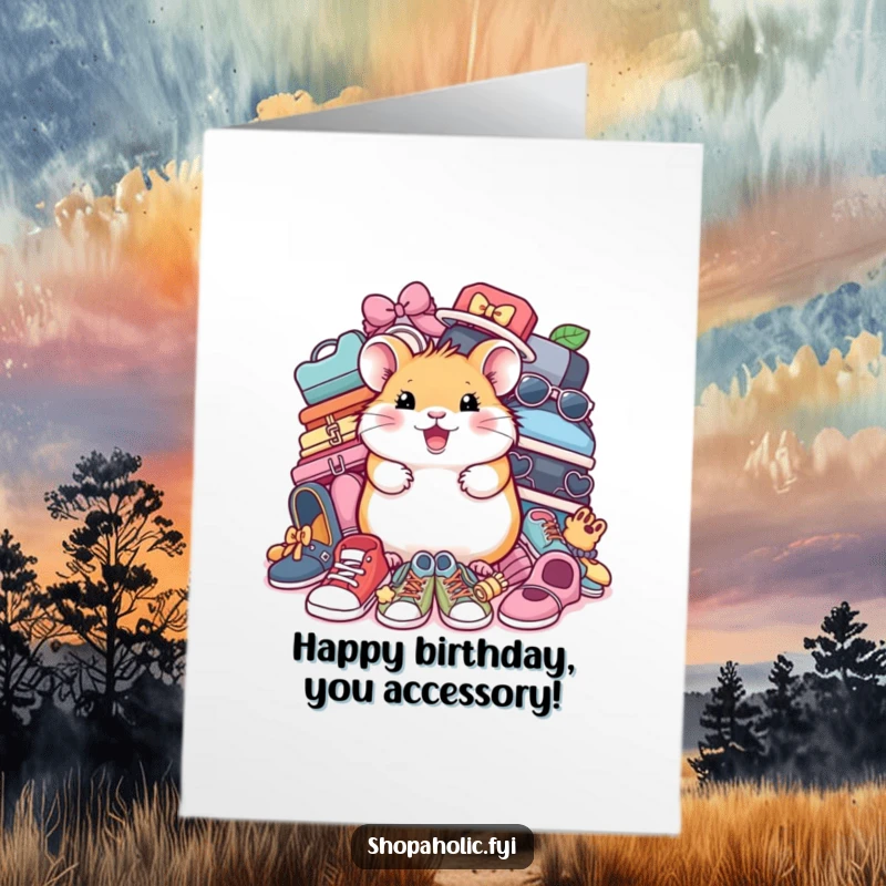 Funny Free Printable Birthday Card: Cheerful hamster sits amidst piles of shoes and accessories, ready for fun.