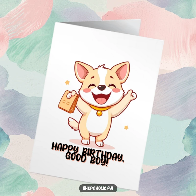 Funny Free Printable Birthday Card: Joyful dog performs a happy dance, tail wagging furiously, next to a shopping bag.