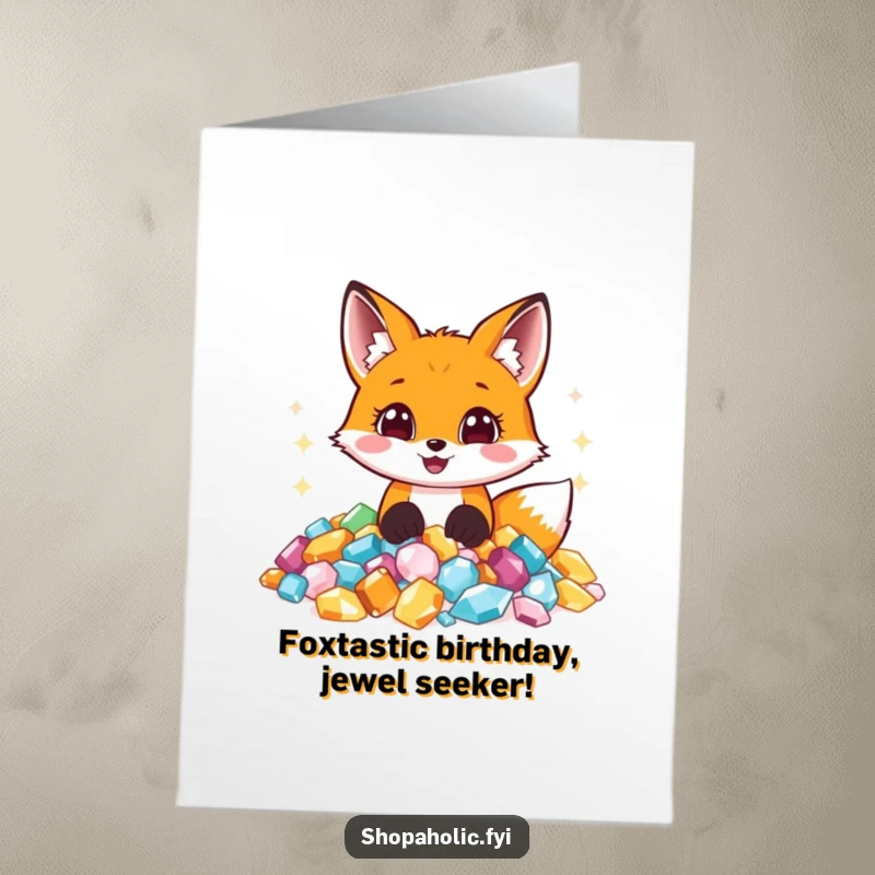Funny Free Printable Birthday Card: A delighted fox joyfully dives into a treasure trove of sparkling jewels, eyes wide with wonder.