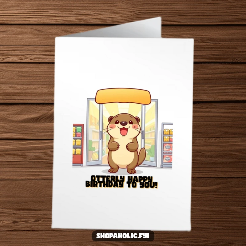 Funny Free Printable Birthday Card: Delighted otter exiting a store with arms full of goodies and joy.
