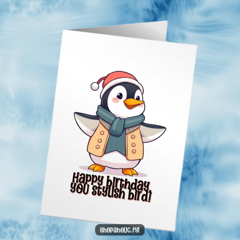 Funny Free Printable Birthday Card: Proud penguin showing off a fabulous new outfit with a dramatic flourish.