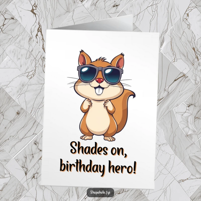 Funny Free Printable Birthday Card: Energetic squirrel tries on various pairs of sunglasses with enthusiasm.