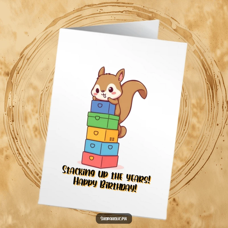 Funny Free Printable Birthday Card: A determined squirrel precariously balances a tall tower of vibrant, stacked boxes.