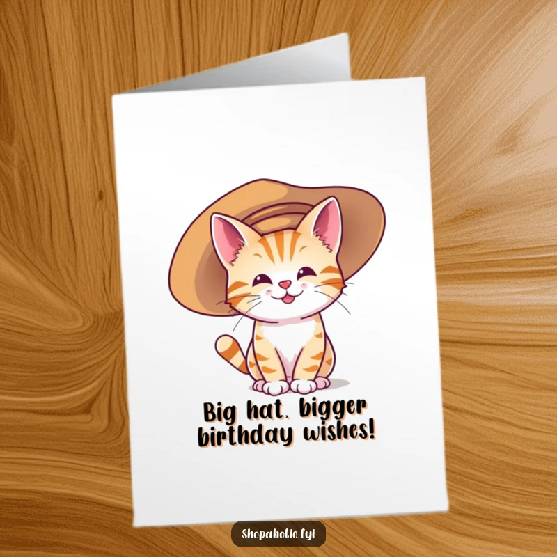 Funny Free Printable Birthday Card: A happy cat character humorously dons a ridiculously oversized, fashionable hat.