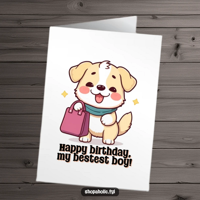 Funny Free Printable Dog Birthday Card: Content dog offers a gift bag with a grand gesture for a birthday.
