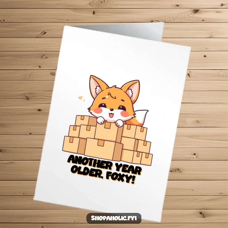 Funny Free Printable Birthday Card: A delighted fox peeks mischievously from behind a towering mountain of cardboard boxes. Playful surprise.