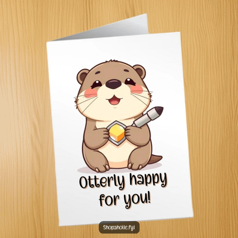 Funny Free Printable Birthday Card: A smiling otter happily clutches a shiny new accessory, radiating contentment.