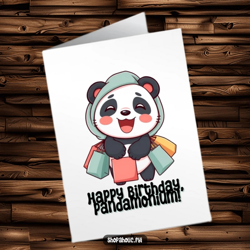 Funny Free Printable Birthday Card: Delighted panda with overflowing shopping bags and a cheerful grin, a fun birthday surprise, print at home.