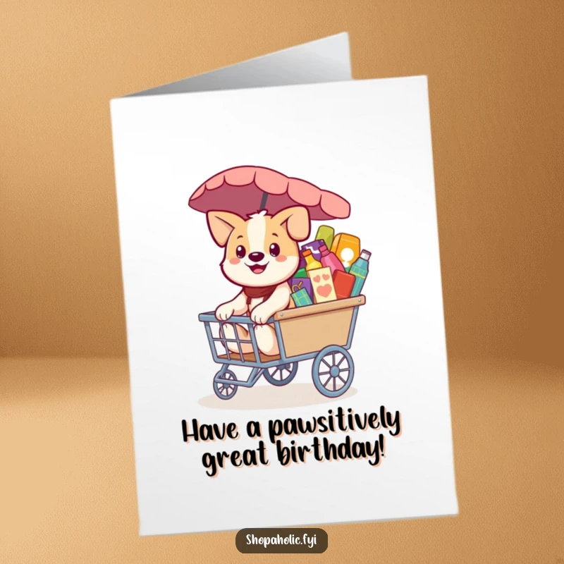 Funny Free Printable Birthday Card: Smiling dog pulling a cart brimming with colorful, exciting merchandise.