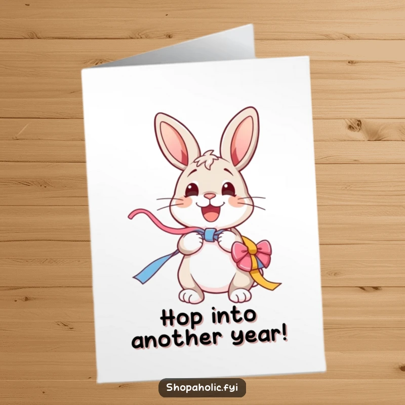 Funny Free Printable Birthday Card: A cheerful bunny eagerly pulling at a bright, colorful ribbon, ready for a surprise.