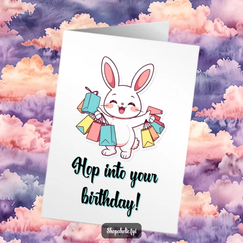 Funny Free Printable Birthday Card: A cheerful bunny character joyfully clutches numerous shopping bags, symbolizing a retail frenzy.