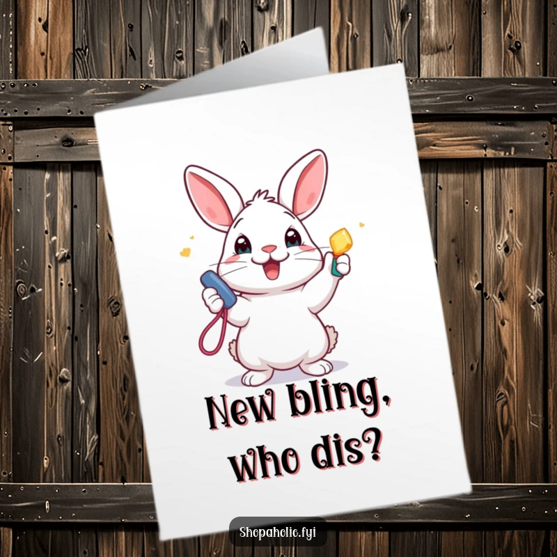 Funny Free Printable Birthday Card: Excited rabbit flaunting a sparkling new accessory, beaming with joy.
