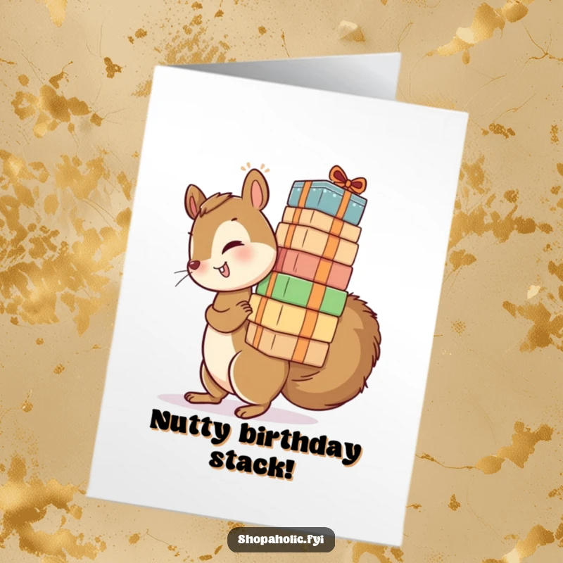 Funny Free Printable Birthday Card: A playful squirrel struggles with a teetering stack of excessively tall birthday packages.
