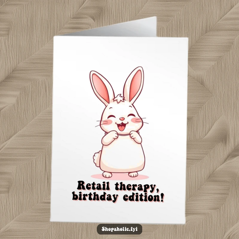 Funny Free Printable Birthday Card featuring a cute bunny with a huge grin holding a massive shopping bag, ready to celebrate.