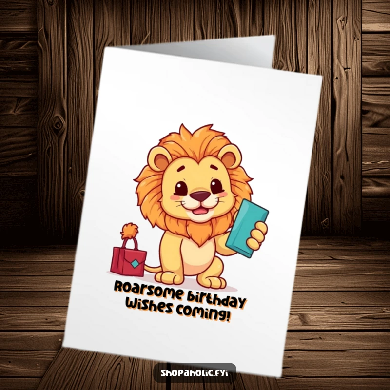 Funny Free Printable Birthday Card: A proud lion strikes a pose, admiring a shopping bag with a triumphant flourish.