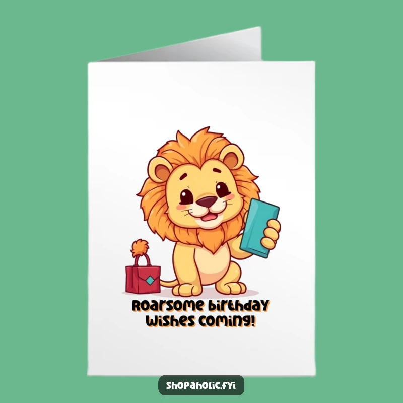 Free Printable Birthday Card: Proud Lion Flaunting New Loot Gift