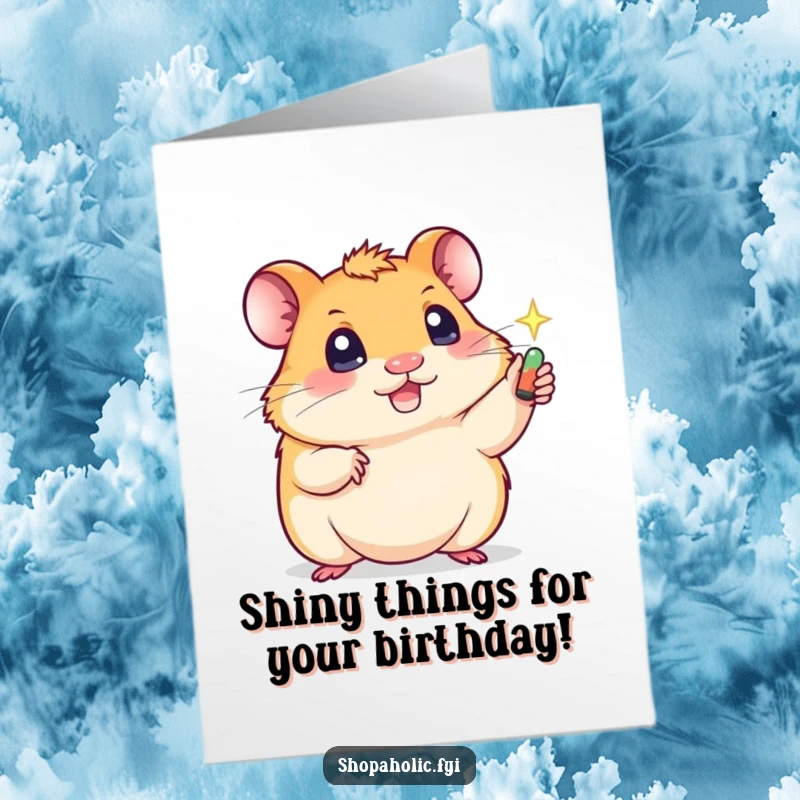 Funny Free Printable Birthday Card featuring a cute hamster with sparkling eyes, greedily reaching for a shiny birthday present.
