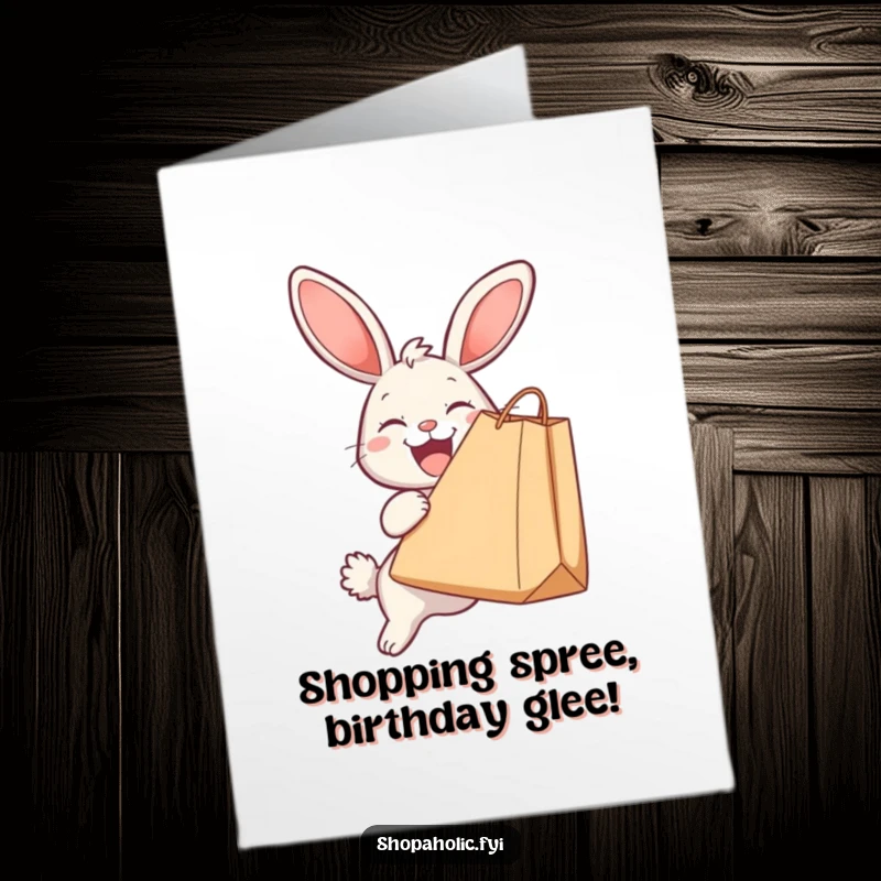 Funny Free Printable Birthday Card: Delighted bunny holding a giant shopping bag with a huge smile, perfect for birthday wishes.