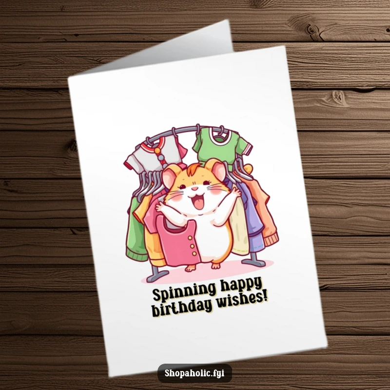 Funny Free Printable Birthday Card: Jovial hamster spinning excitedly around a rack of colorful clothes.
