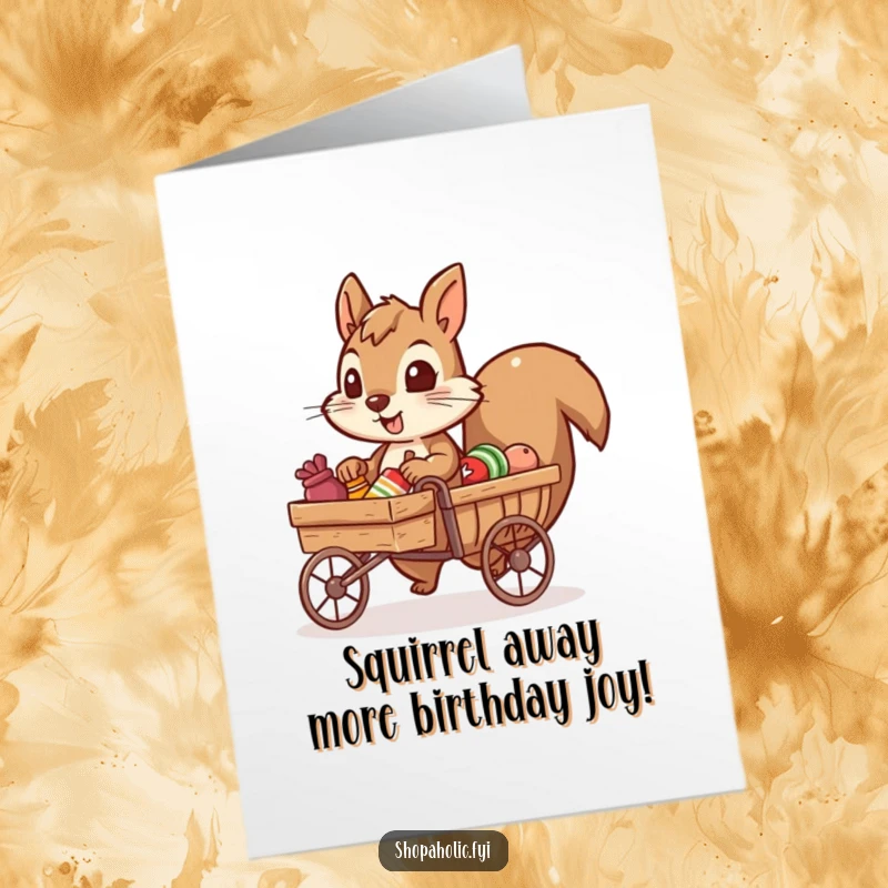 Funny Free Printable Birthday Card: A determined squirrel character vigorously pulls a tiny cart brimming with birthday goodies.