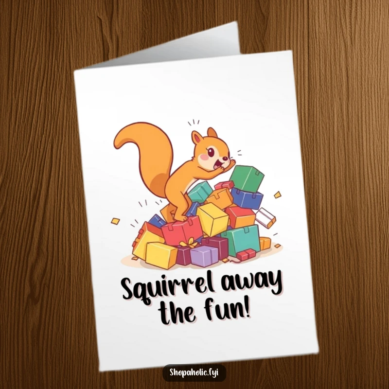 Funny Free Printable Birthday Card: Hyperactive squirrel chasing tumbling colorful boxes, a chaotic birthday surprise, print at home.