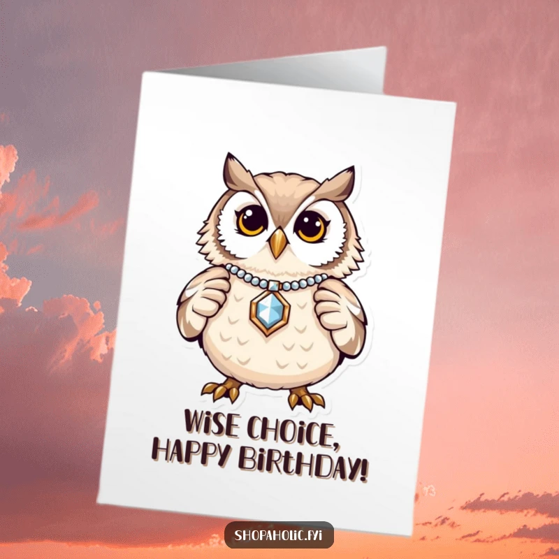 Funny Free Printable Birthday Card: Proud owl reveals a new shiny piece of jewelry with a smile.