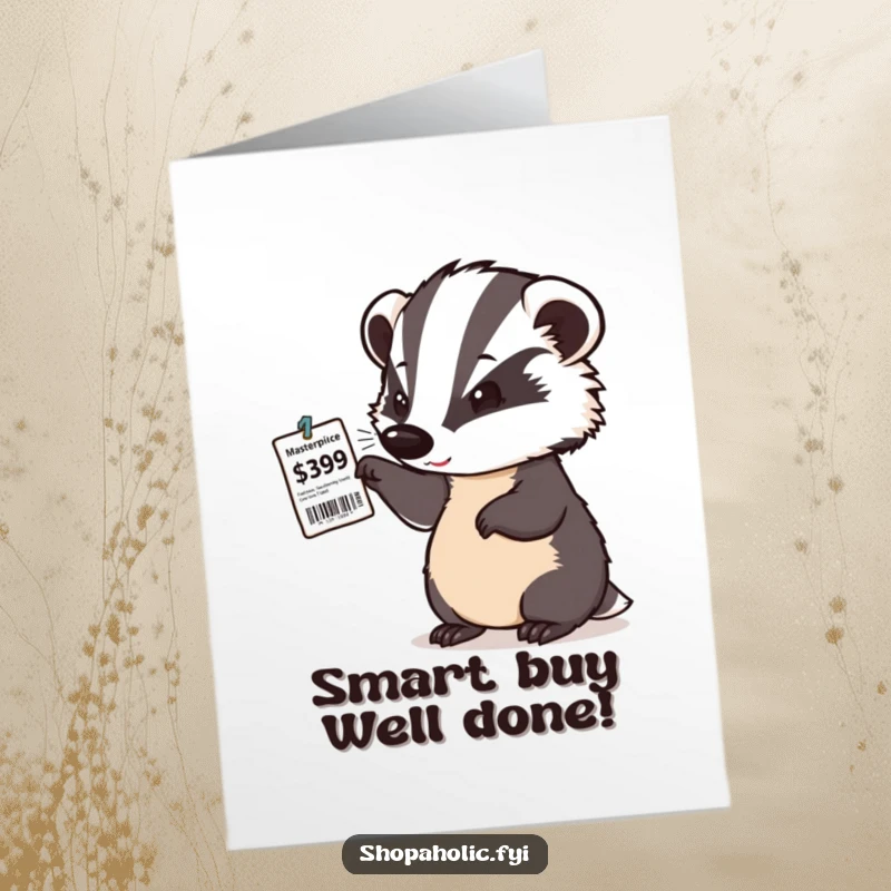 Funny Free Printable Congratulations Card: A badger nods with satisfaction examining a price tag, celebrating a great deal.