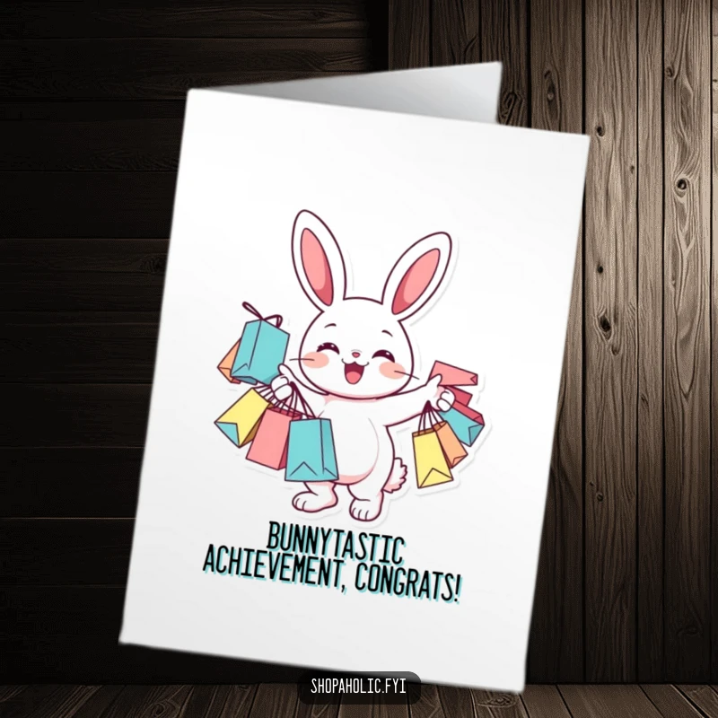Funny Free Printable Congratulations Card: A cheerful bunny is absolutely thrilled, holding a mountain of shopping bags. Retail celebration.