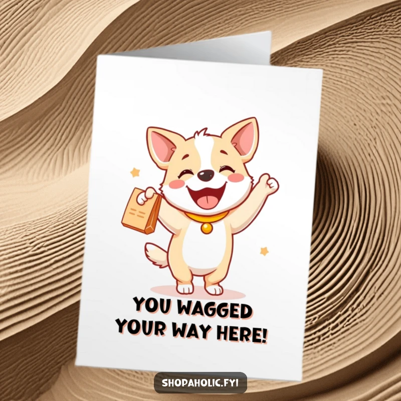 Funny Free Printable Congratulations Card: Ecstatic dog does a happy dance, celebrating a successful purchase.