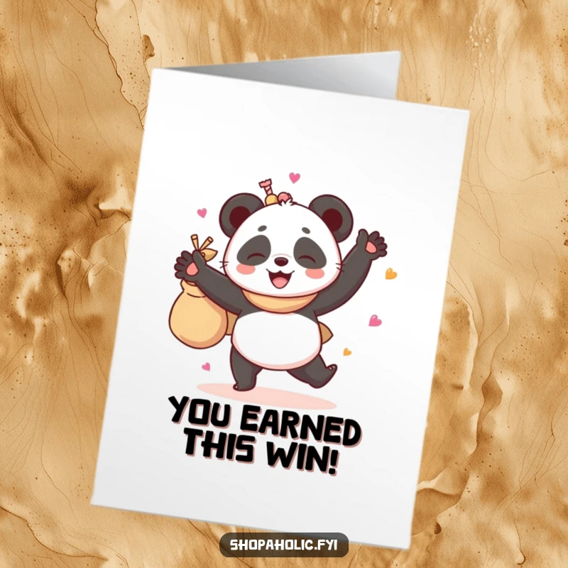 Funny Free Printable Congrats Card: Giggling panda dances with a bag of goodies, celebrating your big win.