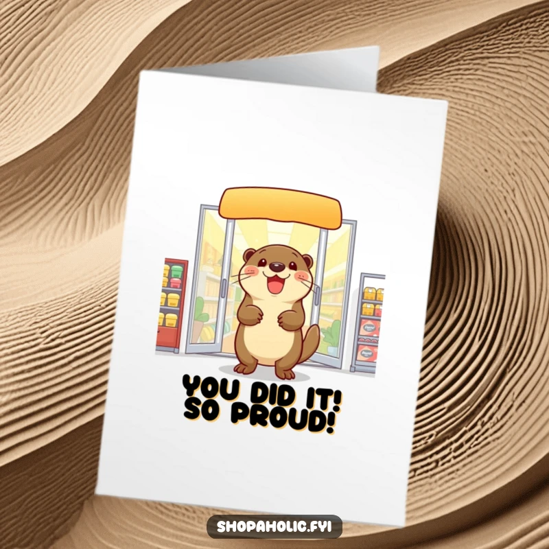 Funny Free Printable Congratulations Card: Otter happily leaving a store loaded with bags, celebrating a win.